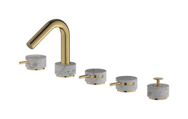 Miscelatore bordo vasca cinque fori colore bianco oro spazzolato serie marmo ib