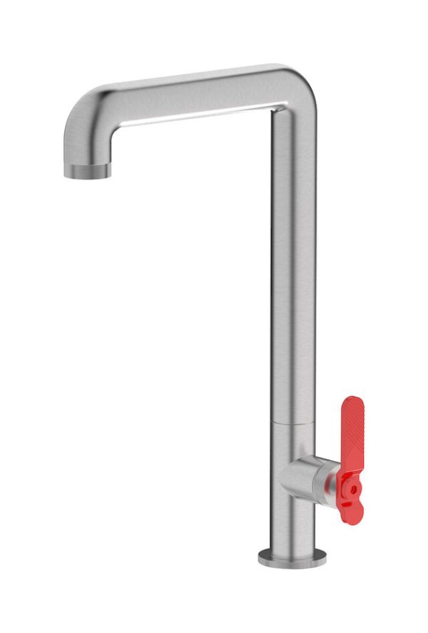 Miscelatore cucina colore nickel spazzolato leva rossa serie bold ib