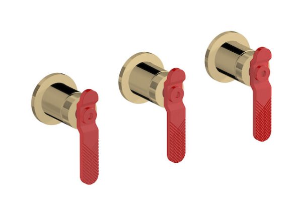 Miscelatore doccia tre fori colore oro inglese leva rossa serie bold ib
