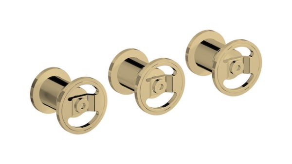Miscelatore doccia tre fori colore oro inglese leva rossa serie bold ib