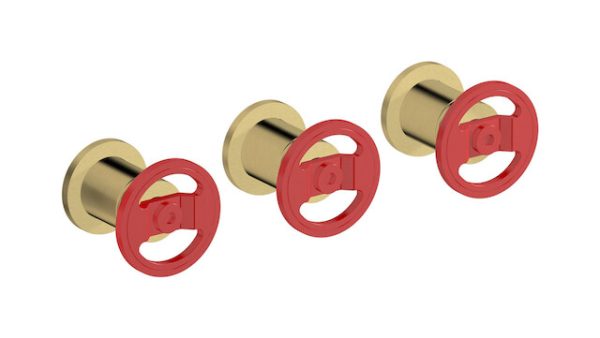 Miscelatore doccia tre fori colore oro inglese spazzolato leva rossa serie bold ib