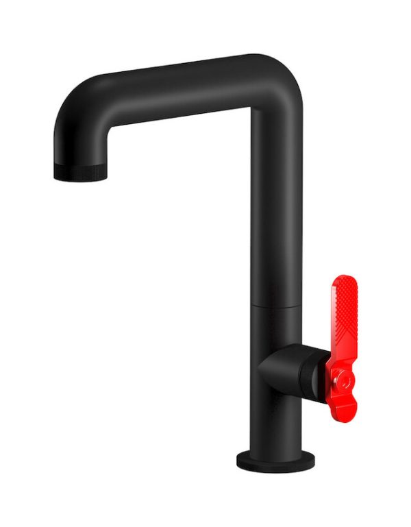 Miscelatore lavabo alto colore nero opaco leva dritta rossa serie Bold - ib