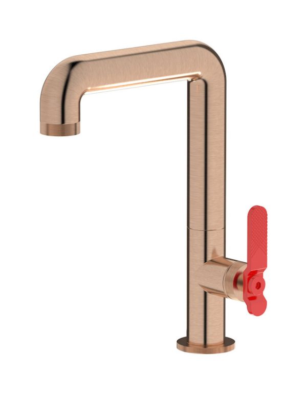 Miscelatore lavabo alto colore oro rosa spazzolato leva dritta rossa serie Bold - ib
