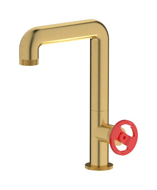 Miscelatore lavabo alto colore oro spazzolato leva rossa serie Bold - ib
