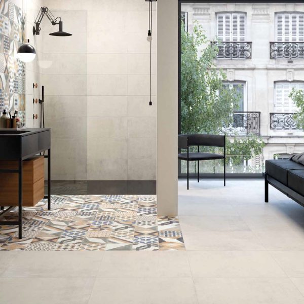 Piastrelle effetto cemento per pavimenti e decori Colore bianco, formella mix serie GRAPHIS Monocibec