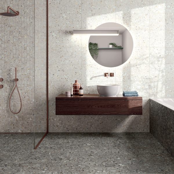 Gres Porcellanato effetto pietra per pavimenti e mosaici per esterno Colore Perla e Grigio - Serie FRAMMENTA Saime