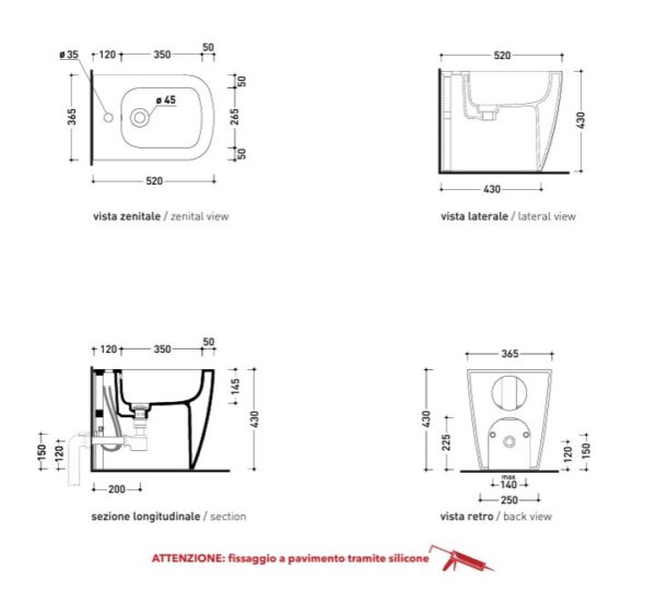 scheda tecnica bidet filomuro - Play - Flaminia